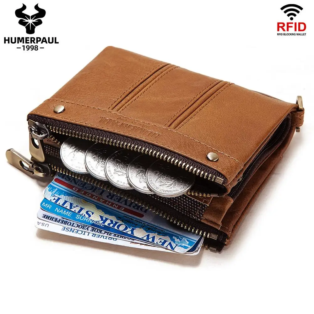 HUMERPAUL Men's Wallet New RFID Anti-Magnetic Wallet Real Cowhide Men's Multi-Function Double Zipper Coin Purse