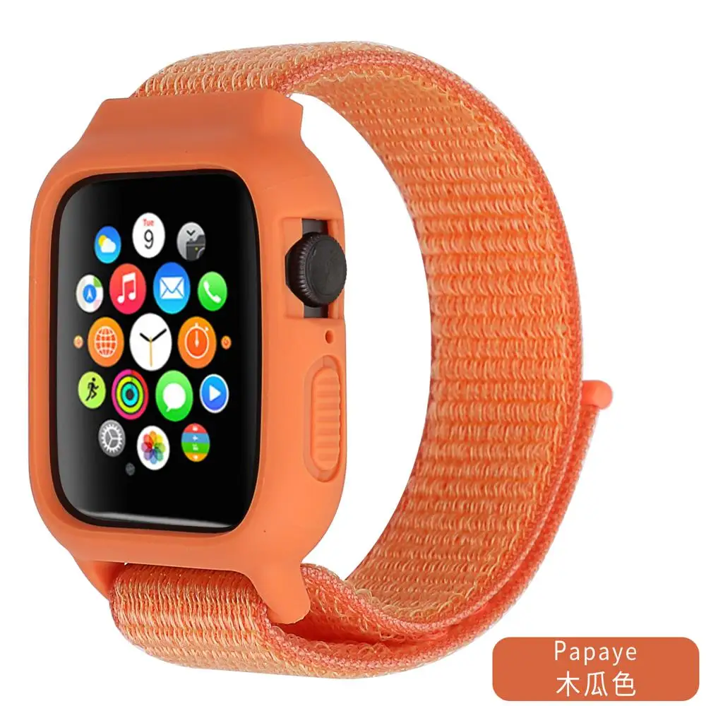 Papaya Чехол+ ремешок для часов apple watch band iwatch 5 4 3 pulseira correa apple watch 42 мм 44 мм 38 мм 40 мм нейлоновый браслет+ силиконовый чехол - Цвет ремешка: Papaya