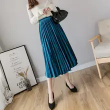 Женская бархатная теплая длинная юбка осень зима эластичная лента Высокая талия юбка однотонная Макси офисная плиссированная юбка