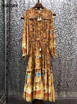 

Bohemian Long Dress 2020 Spring Style Women Charming Floral Print Drawstring Waist Long Sleeve Blue Yellow Long Beach Dress Maxi