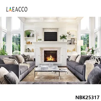 

Laeacco Photo Background Modern Style Gray Fireplace Sofa Living Room Carpet Interior Photography Backdrop For Photo Studio