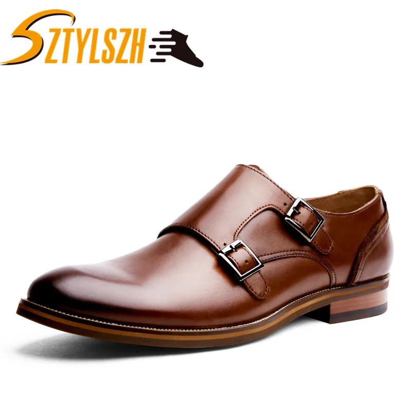 

High Quality Men Dress Shoes Fashion Luxury Classic Genuine Leather Flats Banquet Wedding Mens Dress Shoes Buckle Monk Shoes