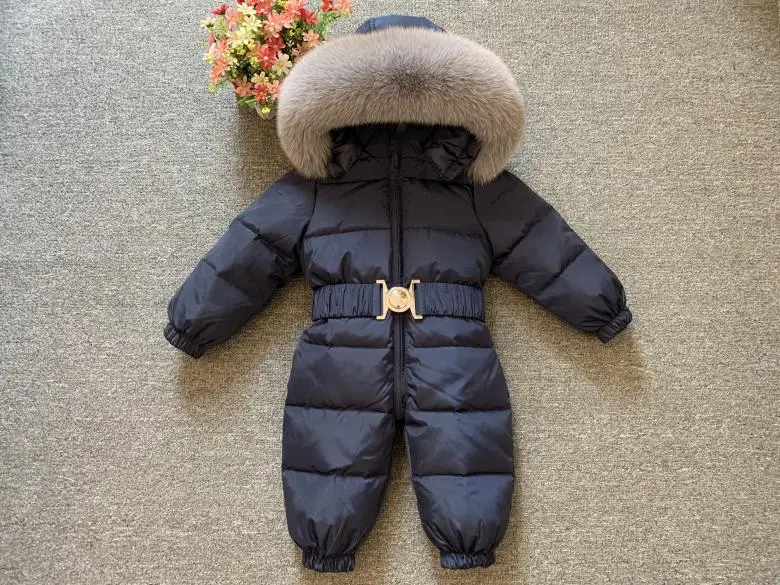 Luxury Large Real Fur Collar Infant Baby Snowsuit Thick Warm Down Rompers Hooded Toddler Boys Girls Jumpsuit One-pieces Ski Suit