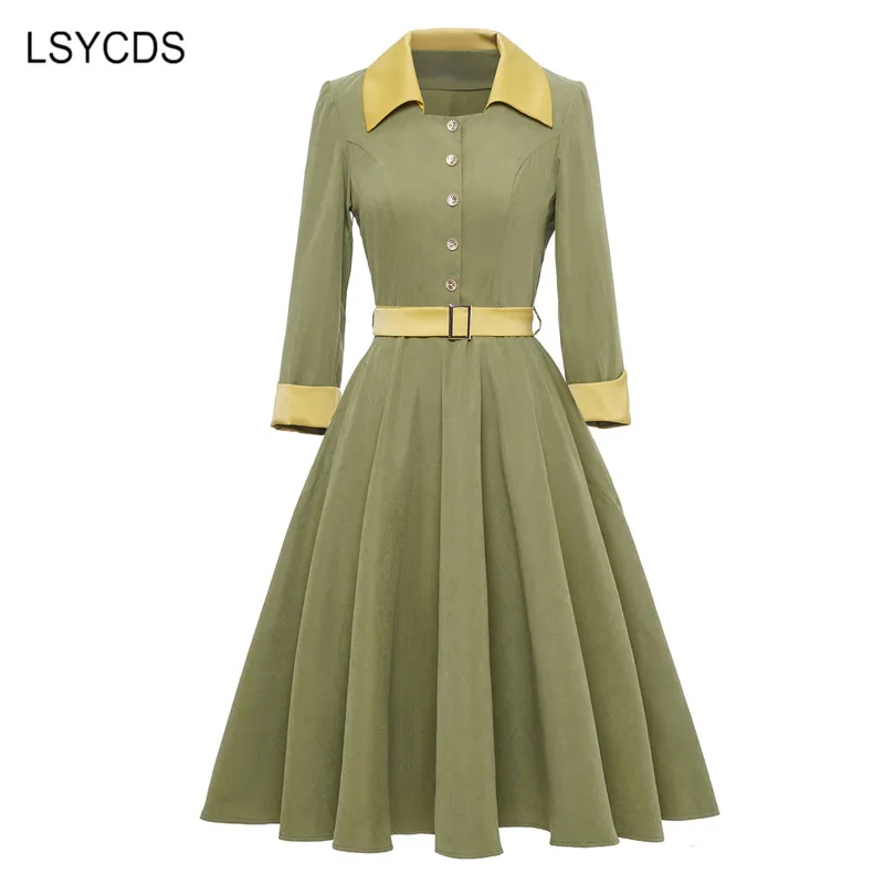 

LSYCDS Retro Women Dresses Autumn Winter Elegant Three Quarter High Waist A Line Midi Big Swing Vintage Dress