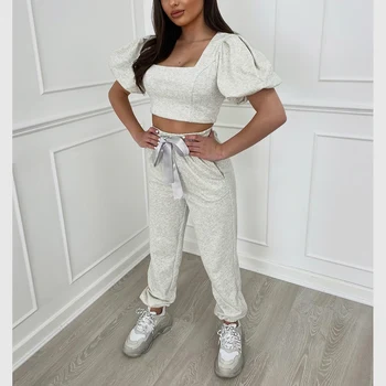 

Summer Casual T Shirt and Pencil Pants Square Collar Puff Sleeve Slim Short Top Trousers Two-piece Suit Gray S Size