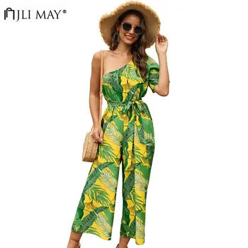 

JLI MAY Women Print Jumpsuits Summer Casual One Shoulder Lace Up Slim Ladies Bodysuit Beach Wide Leg Loose Trousers