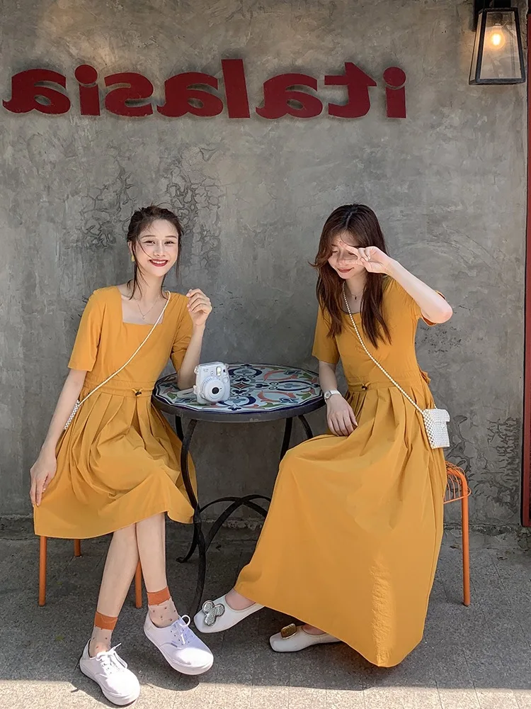 

Best Friend-Square Collar Chiffon Short-sleeve Dress Women's Summer 2019 New Style Waist Hugging Slimming A- line Medium-length