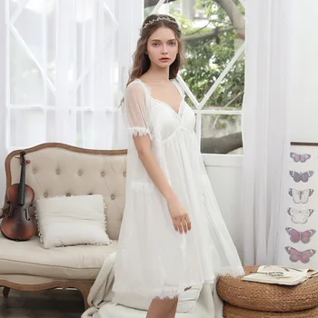 

Summer Autumn Princess Style Thin Midi Nightdress Women Loose Sleepwear Soft Chest Pad Nightgown Lady Girl Sleeping Dress Nighty