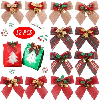 

12 PCS Christmas Bows Christmas Wreath Bow, Great for Christmas Garland Christmas Tree Ornaments Xmas Hanging Ornaments