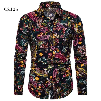 

Plus Size 2019 Spring &Autumn Shirts Fashion Trend Folk Men Ethnic Flowers Printed Casual Hawaiian Long Sleeves Dress Shirts