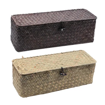 

2 Pcs 3 Grid Storage Baskets With Cover Jewelry Storage Case Straw Desktop Tea Set, Dark Coffee & Primary Color