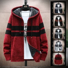 Men's 2021 Hooded Autumn Thick Korean Sweaters With Velvet Cardigan Knitted Sweatercoats Patchwork Jacket Male M-3XL Clothes Men