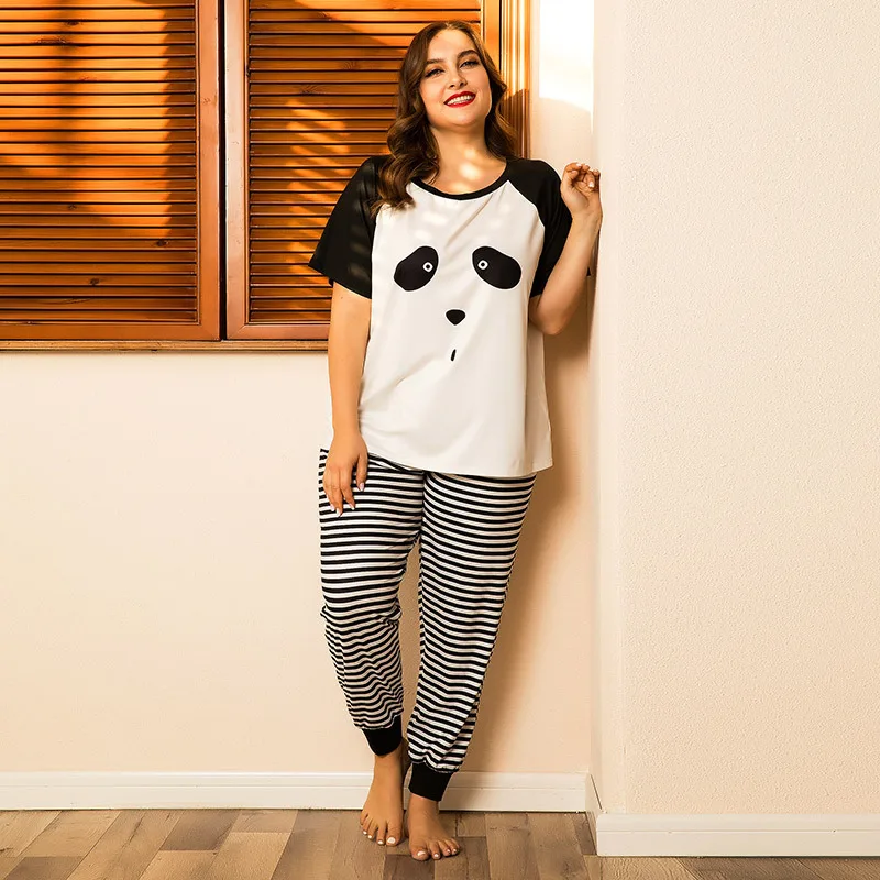 

DOIB Women Plus Size Pajamas Set Cartoon Panda T-shirt Striped Trousers Large Size Homewear Nightwear Suit Two Pieces Sleepwear