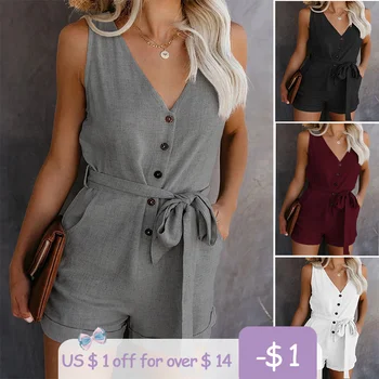 

Fashion Casual Playsuit Women Off Shoulder Belted Tunic Solid Color 2020 Summer New Elegant Short Jumpsuit Overalls For Women