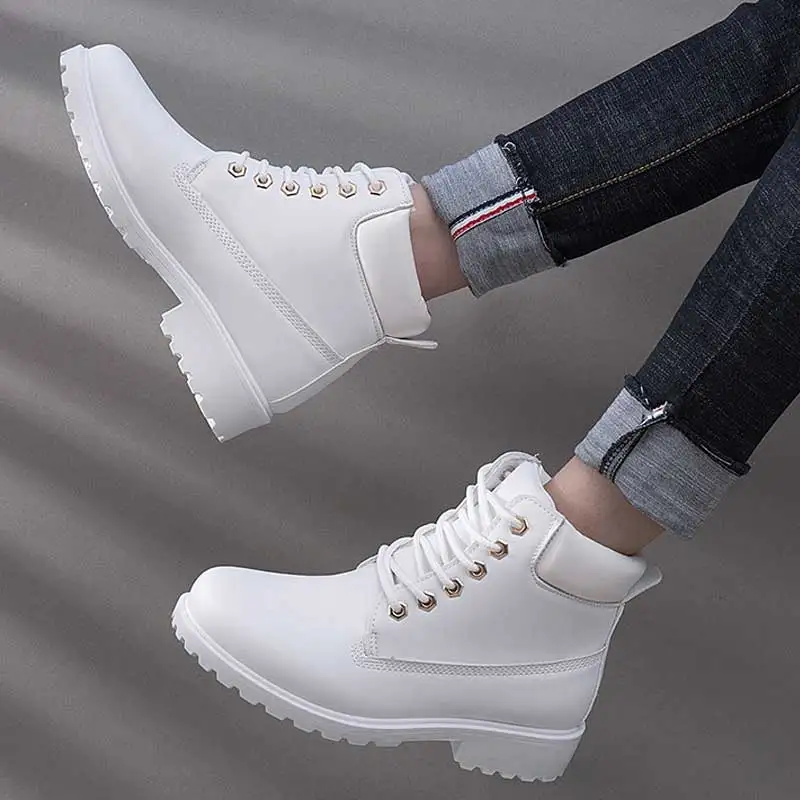 Botas de nieve cálidas para mujer, zapatos de plataforma de goma, botas  blancas de piel con cordones, estilo Punk, Invierno|Botas de nieve| -  AliExpress