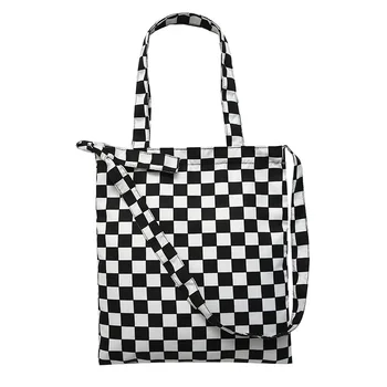 

2020 New Korean Personality Black and White Plaid Canvas Diagonal Simple and Versatile One-shoulder Student Handbag Sac A Dos