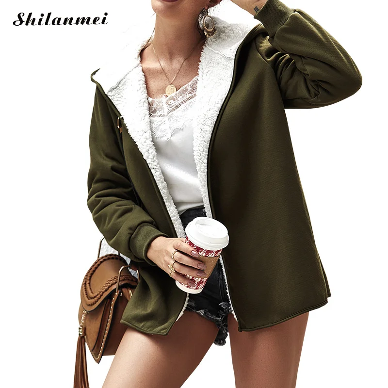 

Autumn Winter Fleece Jacket Casual Coat Female Solid Color Zipper Basic Women Coat Women Plush Hooded Thick Outwear Warm Jacket