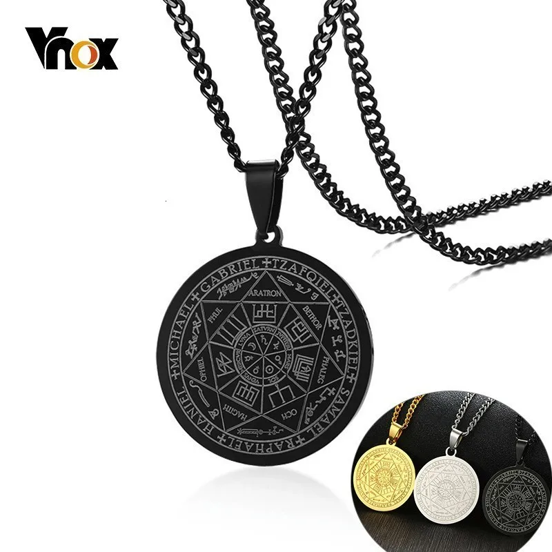 Vnox, черные, с гравировкой, печать, семь подвесок для мужчин, нержавеющая сталь, круглое ожерелье амулет с 2" цепочкой