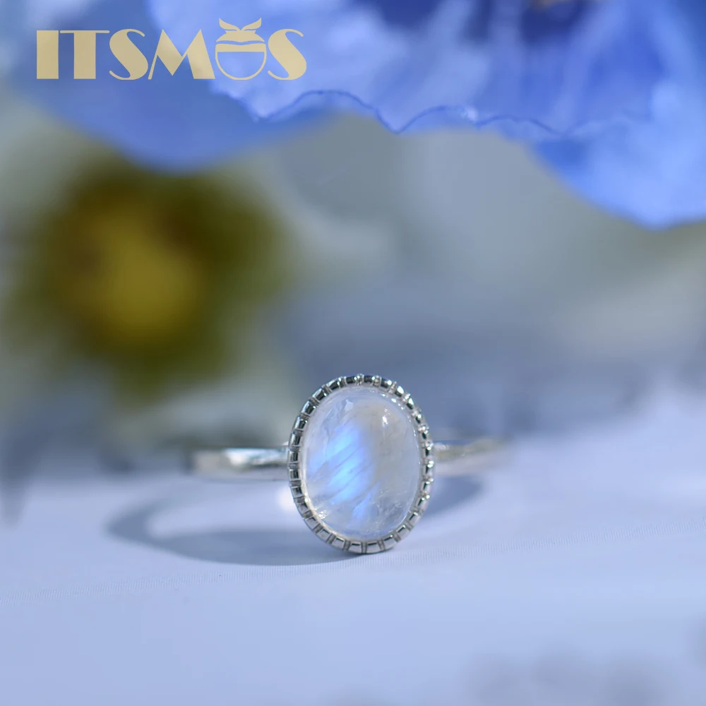 Itsmos Blue Bright Moonstone Silver Rings Luxury Natural Gemstone 10Mm Band Jewelry Classic Oval Per Womens Lover Rings Gift