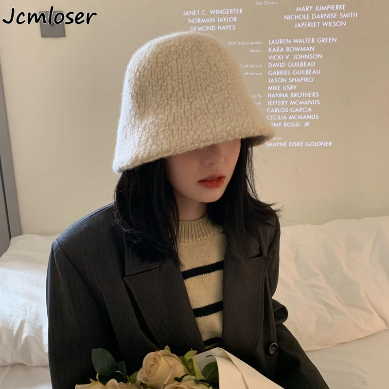 

2021 Harajuku Bucket Hat Solid Women Fishing Fisherman Hat Autumn Winter Lamb Wool Outdoor Warm Hats Cap Women Solid Head Cap