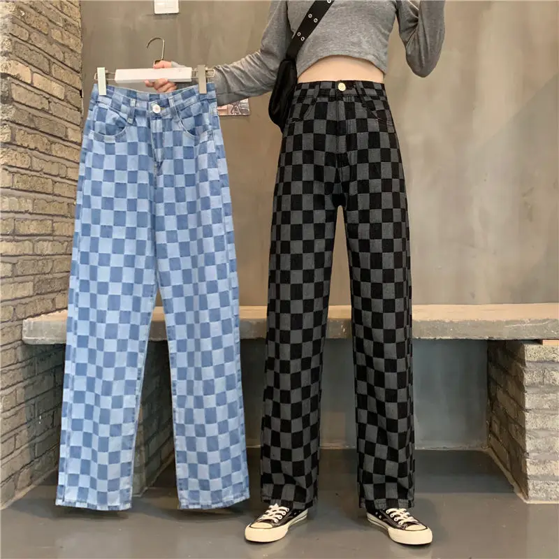 Women Wide-leg Pants Thin High-waist Lattice Female Trousers Straight-leg Sports Harajuku Casual Jeans Skateboard Loose Girls