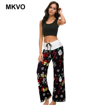 

2018 Christmas Print Stitched Casual Wide Leg Pants Fashion Drawstring Wide Loose Straight Trousers Long Female Plus Size