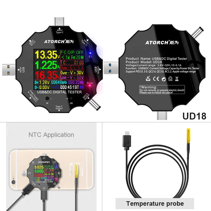 DC5.5 USB3.0 Тип-C тестер 6-Bit Высокая точность цифровой PD3.0 Вольтметр Амперметр Дисплей power bank метр для е-тестовая прикладная программа - Цвет: add NTC