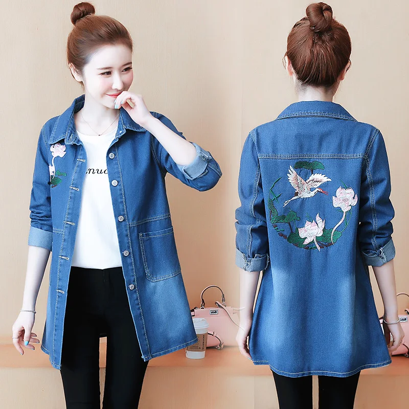 

Flower Embroidered Denim Jacket For Women Plus Size Oversize Denim Jacket Feamle Basic Long Jeans Jacket Long Sleeve Denim Coat