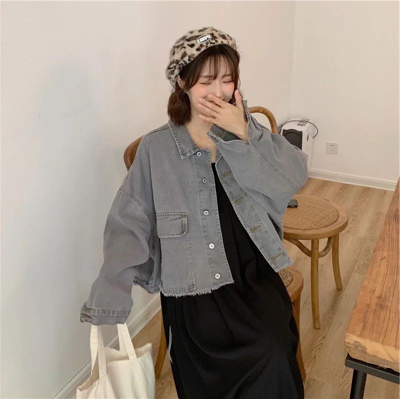 

New Style Korean-style BF Style Loose-Fit Drawstring Large Pocket Burrs Jeans Coat Women's Best Friend College Style Tops