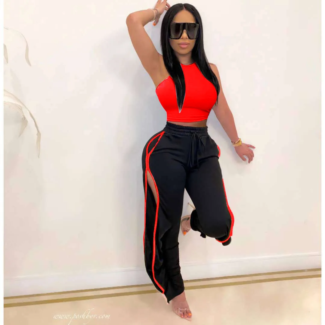 Women 2 Piece Pants Sets 2021 Solid Crop Tank Tops And Side Split Sweatpants Outfits Woman Two Pieces Sets Tracksuits Female womens black suit set Suits & Blazers