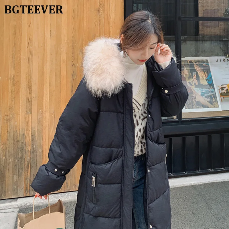 BGTEEVER/ зимняя Длинная женская куртка, пальто с капюшоном, теплый женский пуховик, негабаритная Женская стеганая парка, куртка - Цвет: black