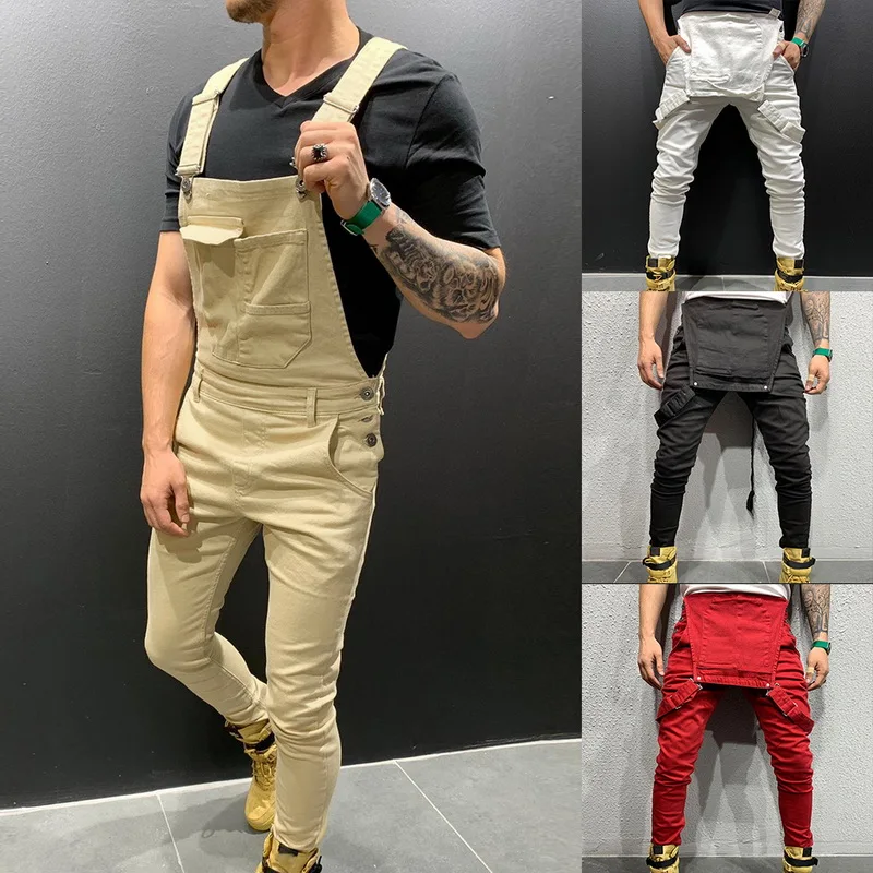 

Fashion Men Jumpsuit High Street Pockets Jeans Men Slim Fit Denim Modish Strap Overalls Casual Suspender Distressed Jeans Pant