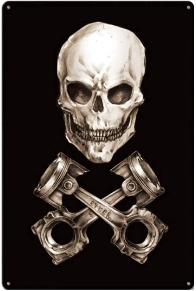 

Original Retro Design Skull Piston Tin Metal Signs Wall Art | Thick Tinplate Print Poster Wall Decoration for Garage