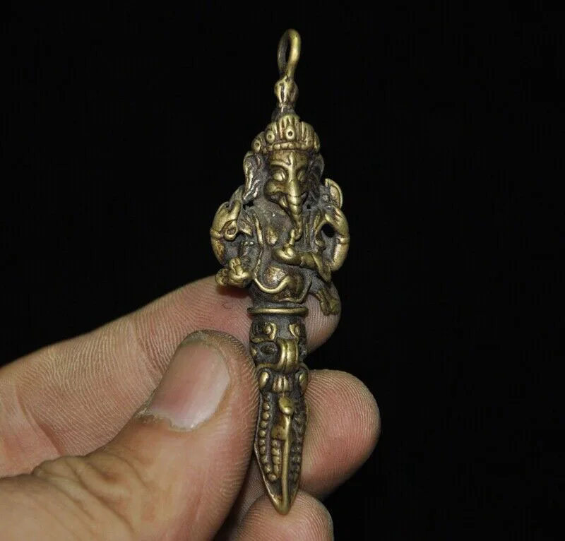 

wedding decoration Old Tibet Pure Bronze 4 arms Elephant Jambhala Vajra Dorje Phurpa Amulet Pendant