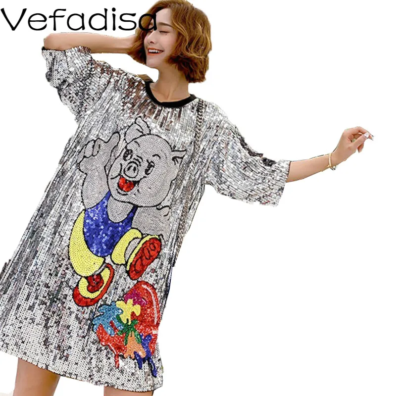 

Vefadisa 2019 Summer Paillette Dress Women Cartoon T Shirt Women Short Sleeve Knee Length Dress Animals Print Tops Ladies QFM171