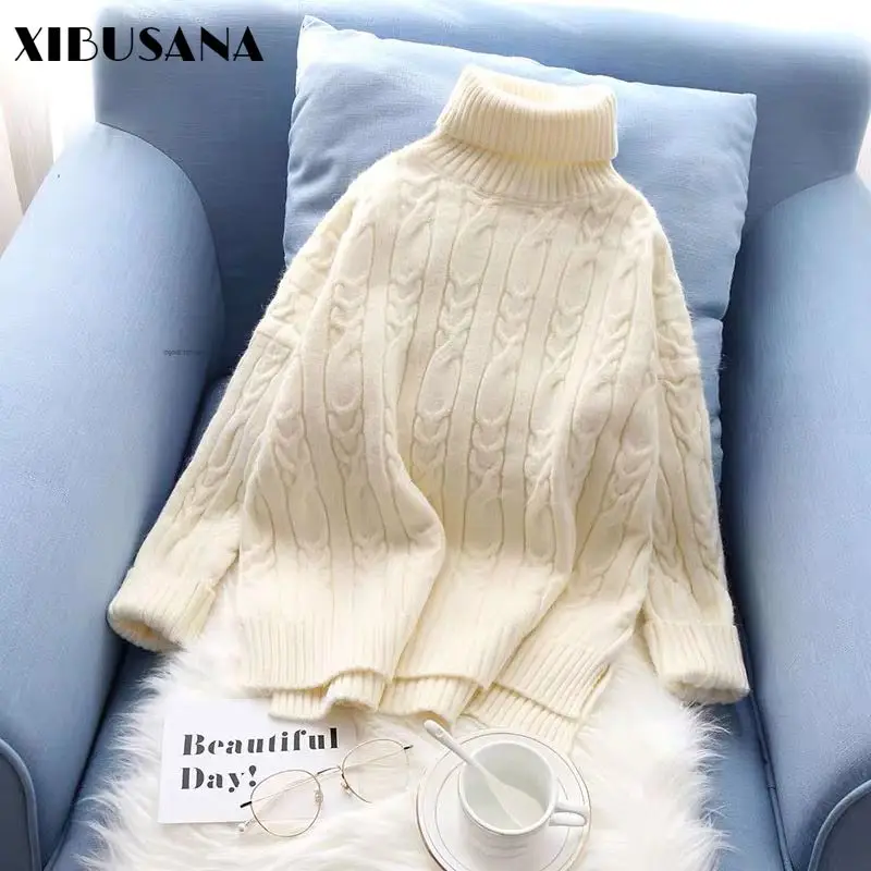 XIBUSANA Women 2020 Winter New White Turtleneck Knitting Sweaters Casual Solid Cashmere Pullovers Long Sleeve Thickened Top Lady