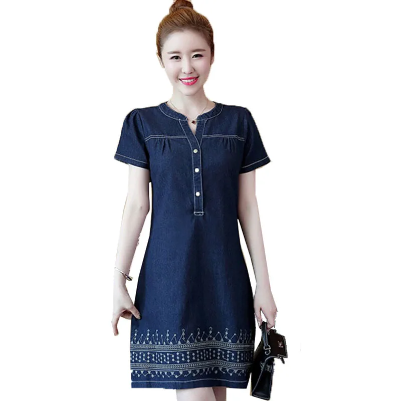 

Spring Summer Mid-Long Denim Dress Women 2023 New V-Neck Short Sleeves Dresses Fashion Single-Breasted Embroider Tops Female