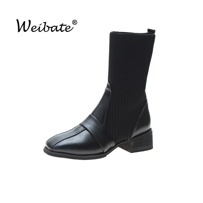 

WEIBATE Chelsea Boots Winter New England Style Stockings Boots Knit Boots Thick Heels Low Heels Plus Velvet Warm Women's Boots