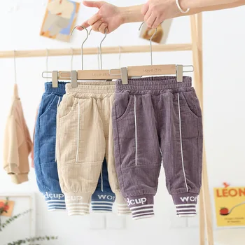 

WLG boys girls winter pants kids velvet blue purple beige striped pant baby thick warm casual trousers