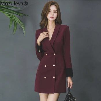 

BornSra 2020 Elegant Turn-down Collar Double-breasted Women Blazers Patchwork Cuff Slim Waist Female Mid-length Suit Jacket