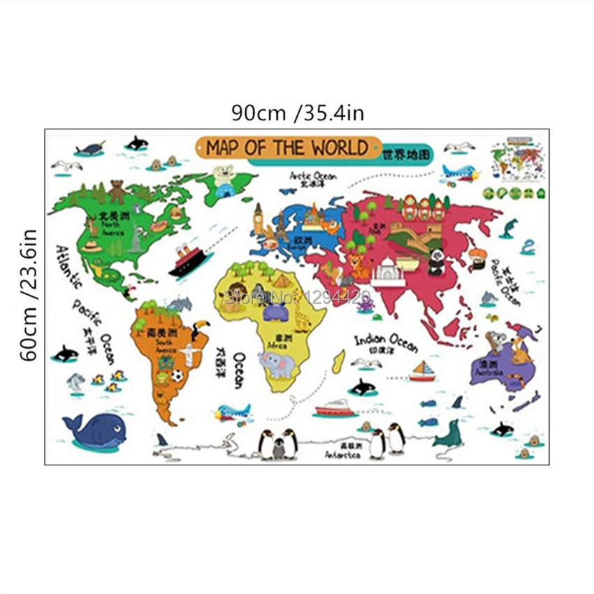 Details about   Wall Sticker Removable Vinyl Animal World Map for Kids Room Waterproof Wallpaper 