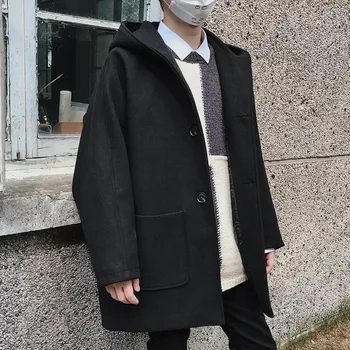 

Winter New Woolen Coat Men Fashion Solid Color Casual Hooded Long Jacket Man Streetwear Wild Loose Windbreaker Male Clothes