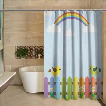 

Vintage Rainbow Precision Custom Shower Curtain Birds on a Colorful Fence on Checkered Squares Gingham Pattern Background Modern
