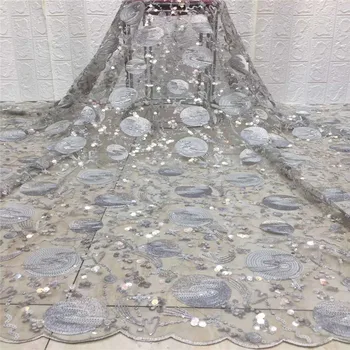 

2020 French Lace Fabric High Quality Africa Grey Lace Fabric With 3D Flower Sequins Nigerian Lace Fabric For Wedding JZZ0720