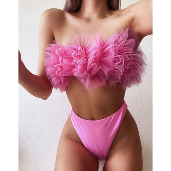 

2020 Sexy Off The Shoulder Bikini Swimwear Women Bandeau Push Up Bikini Set Mesh Swimsuit Female Bathing Suits Summer Beach Wear
