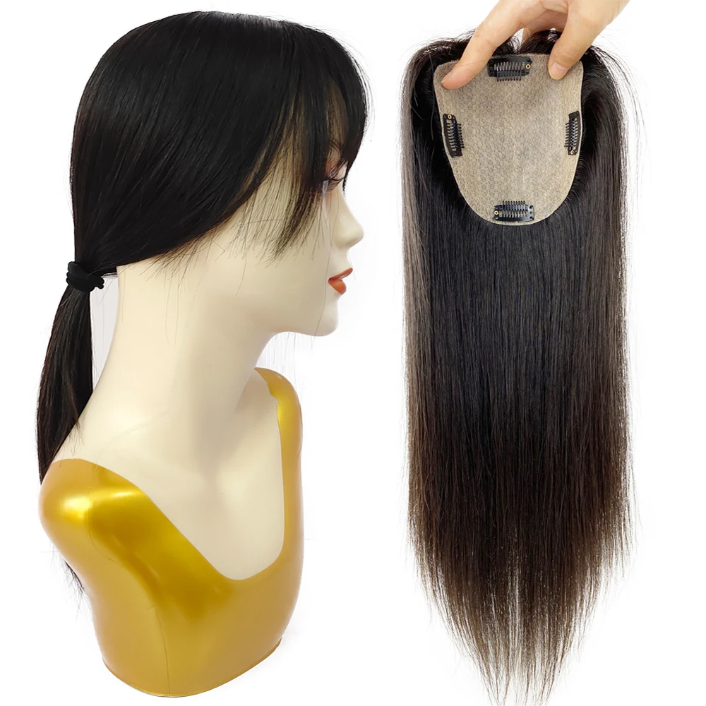 

150% Density Silk Base Human Hair Topper With Bangs 12x13cm Clip in Hair Toupee 5''x5'' Virgin European Same Length Hair Overlay