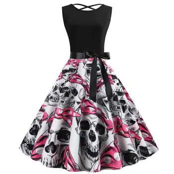

2020 Summer Dresses Halloween Skull Cartoon Print Robe Vintage O-neck Sleevelss Nightmare Before Christmas Party Dress Gothic