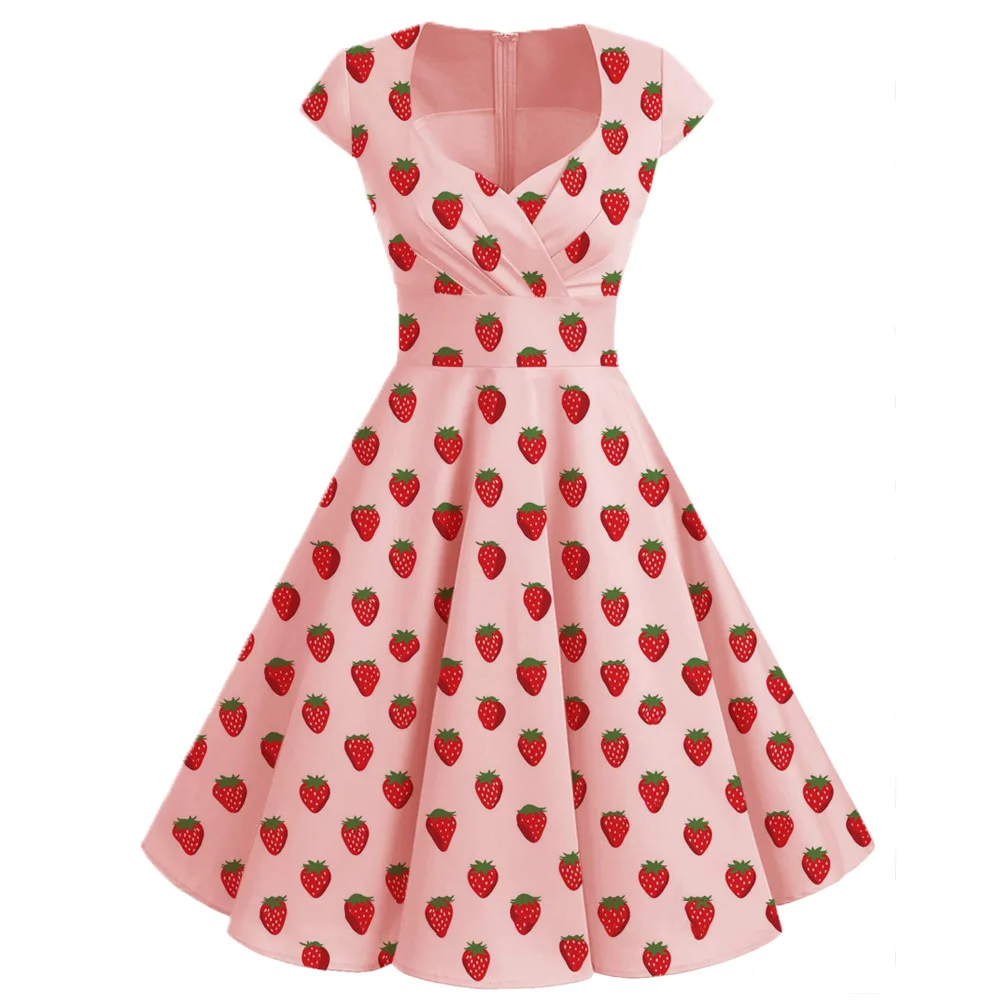 Платье с принтом клубника коротким рукавом 2021 осеннее платье А силуэт качели