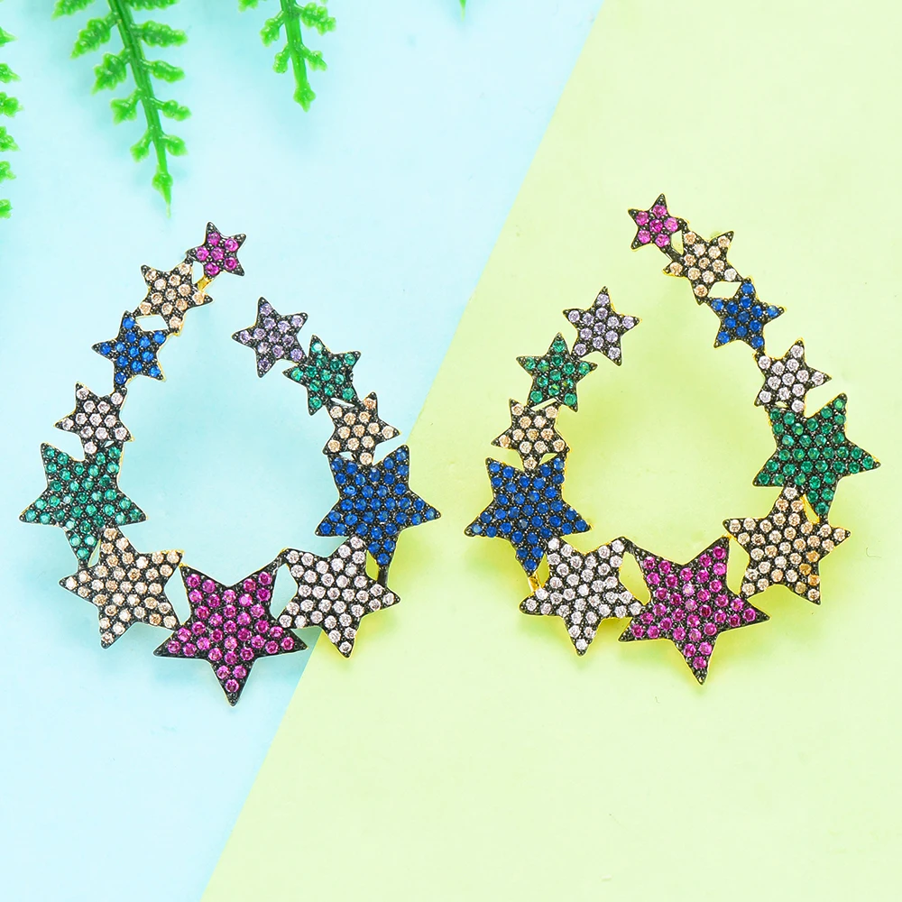 

LARRAURI Elegant Stars Galaxy Curved Cubic Zircon Dubai Silver Stud Earrings For Women Wedding boucle d'oreille 2019