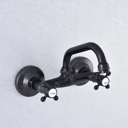 Kitchen Wet Bar Bathroom Vessel Sink Faucet Black Oil Rubbed Brass Wall Mounted Swivel Spout Mixer Tap Dual Cross Handles msf736